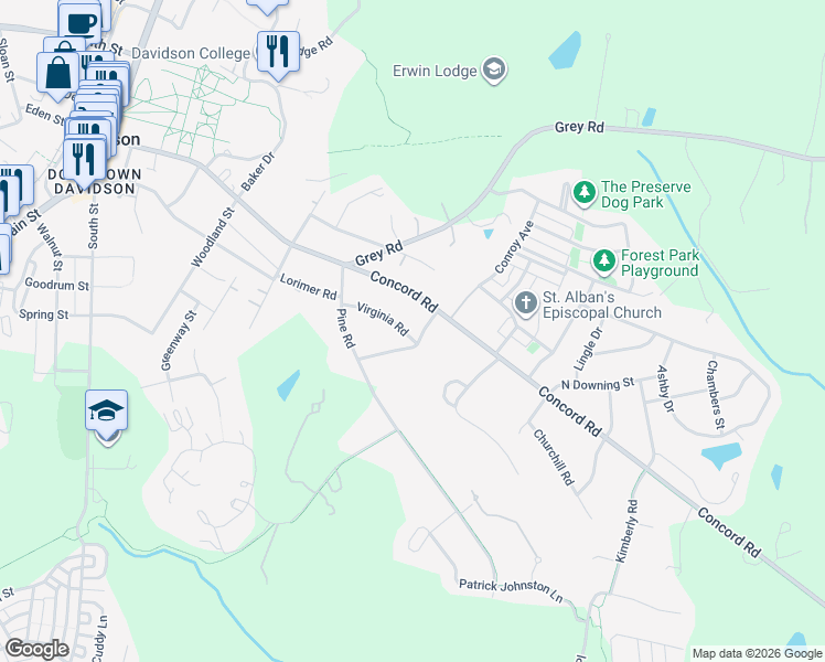 map of restaurants, bars, coffee shops, grocery stores, and more near 126 Crescent Drive in Davidson