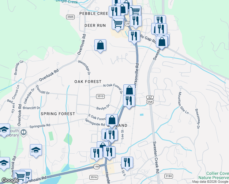 map of restaurants, bars, coffee shops, grocery stores, and more near 8 North Oak Forest Drive in Asheville