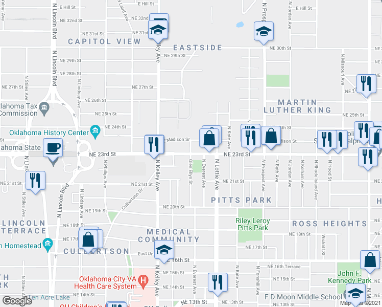 map of restaurants, bars, coffee shops, grocery stores, and more near 1216 Northeast 23rd Street in Oklahoma City