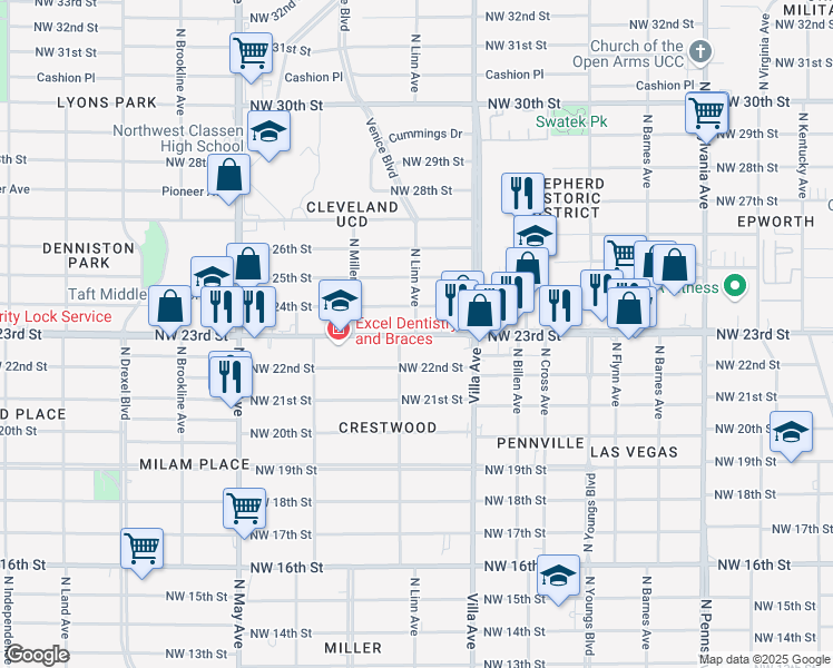 map of restaurants, bars, coffee shops, grocery stores, and more near 2540 Northwest 23rd Street in Oklahoma City