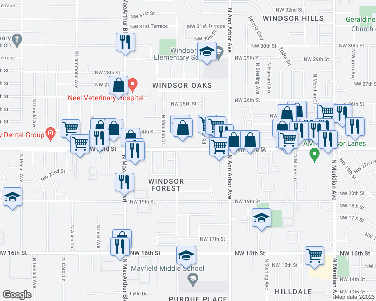 map of restaurants, bars, coffee shops, grocery stores, and more near 5522 Northwest 23rd Street in Oklahoma City