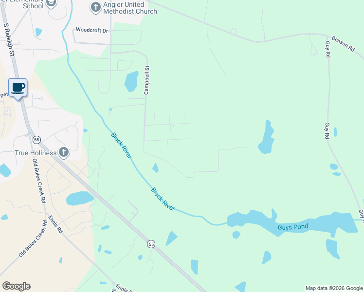 map of restaurants, bars, coffee shops, grocery stores, and more near 25 Wild Fox Drive in Angier