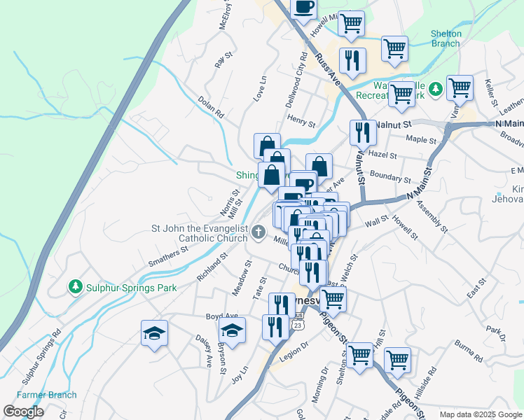 map of restaurants, bars, coffee shops, grocery stores, and more near 80 Commerce Street in Waynesville