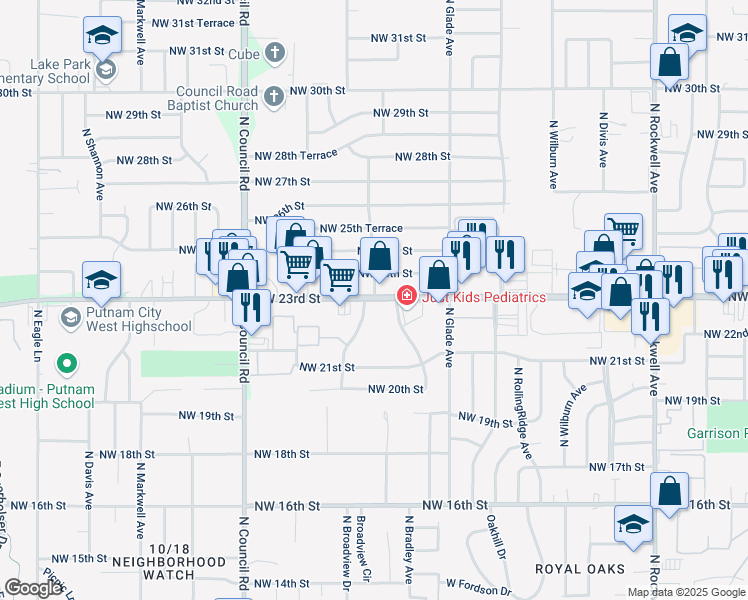 map of restaurants, bars, coffee shops, grocery stores, and more near 7616 Northwest 23rd Street in Bethany