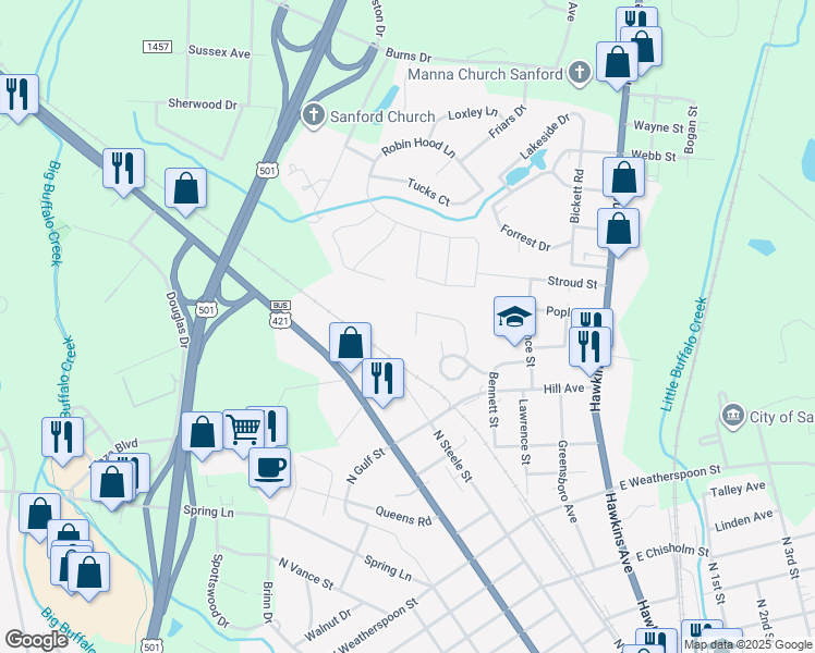 map of restaurants, bars, coffee shops, grocery stores, and more near 201 Jamestown Drive in Sanford