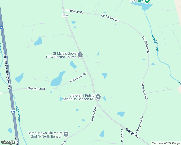 map of restaurants, bars, coffee shops, grocery stores, and more near 8143 Raleigh Road in Benson