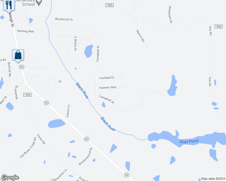 map of restaurants, bars, coffee shops, grocery stores, and more near 25 Wild Fox Drive in Angier