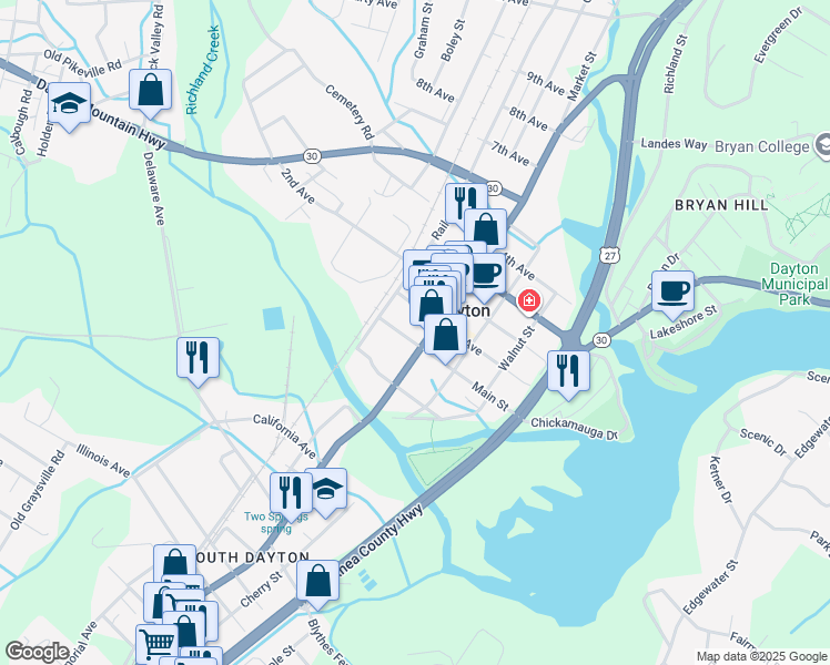 map of restaurants, bars, coffee shops, grocery stores, and more near 1325 Market Street in Dayton