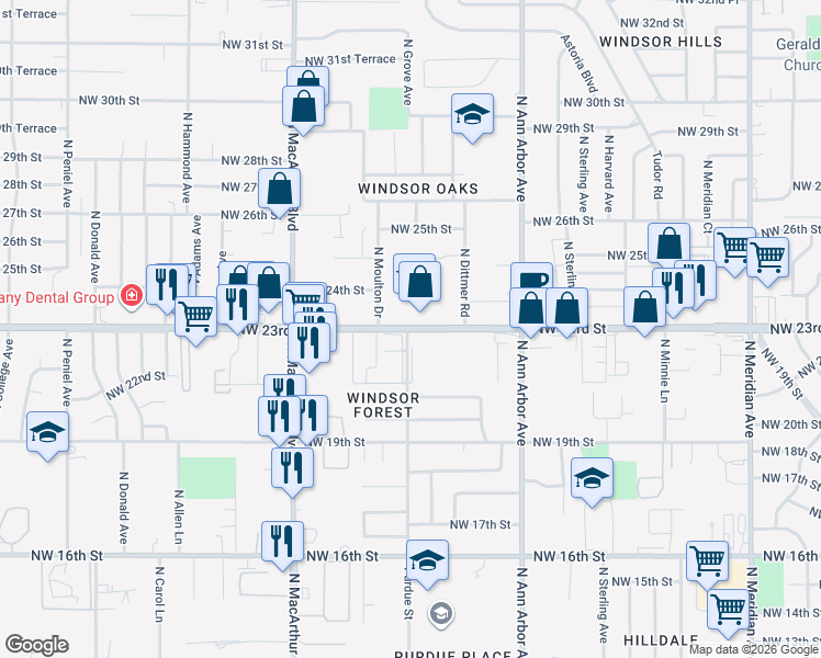 map of restaurants, bars, coffee shops, grocery stores, and more near 5522 Northwest 23rd Street in Oklahoma City
