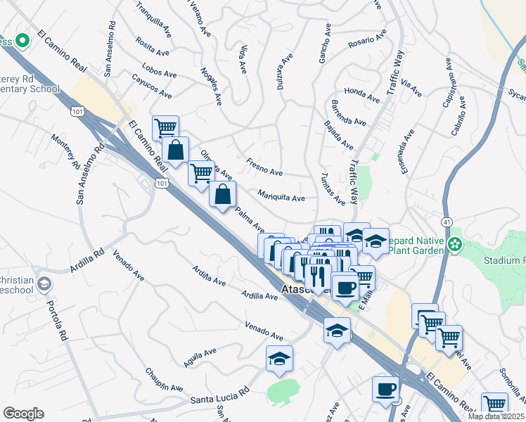 map of restaurants, bars, coffee shops, grocery stores, and more near 5372 Olmeda Avenue in Atascadero