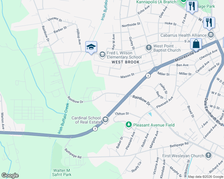 map of restaurants, bars, coffee shops, grocery stores, and more near 1390 Rainbow Drive in Kannapolis