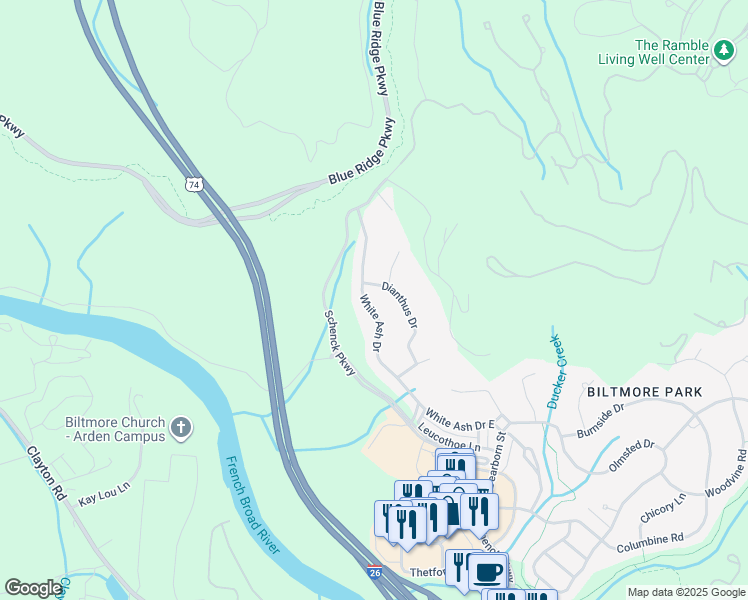 map of restaurants, bars, coffee shops, grocery stores, and more near 47 White Ash Drive in Asheville