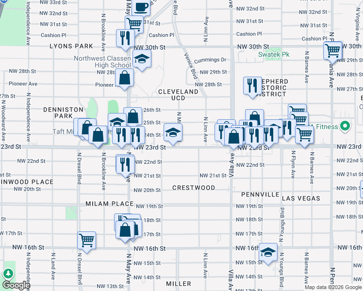 map of restaurants, bars, coffee shops, grocery stores, and more near 2740 Northwest 23rd Street in Oklahoma City