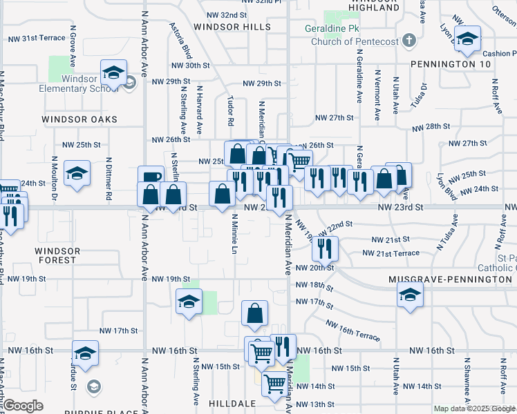 map of restaurants, bars, coffee shops, grocery stores, and more near 4700 Northwest 23rd Street in Oklahoma City