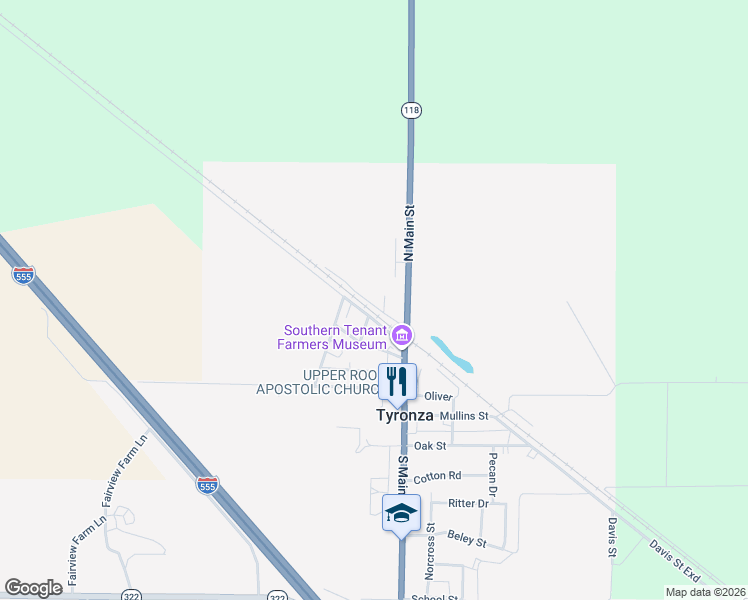 map of restaurants, bars, coffee shops, grocery stores, and more near 150 Railroad Street in Tyronza