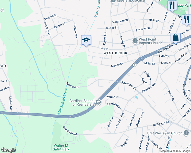 map of restaurants, bars, coffee shops, grocery stores, and more near 1460 Rainbow Drive in Kannapolis