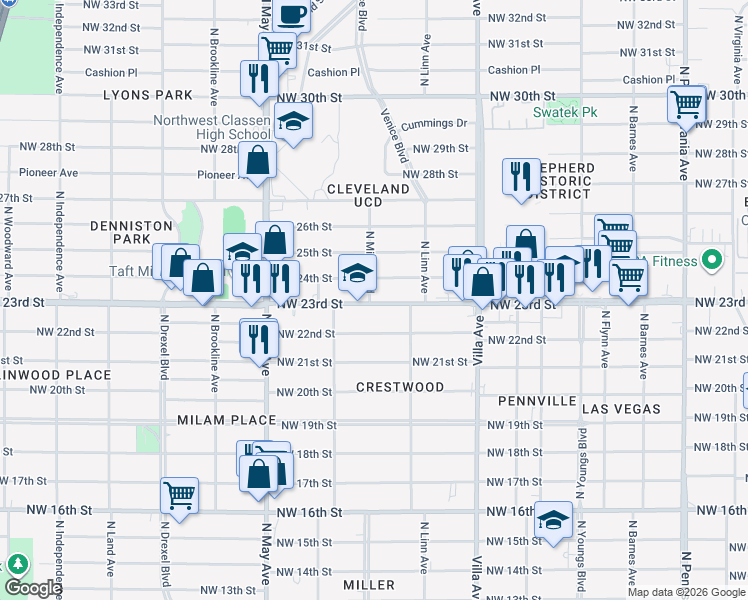 map of restaurants, bars, coffee shops, grocery stores, and more near 2740 Northwest 23rd Street in Oklahoma City