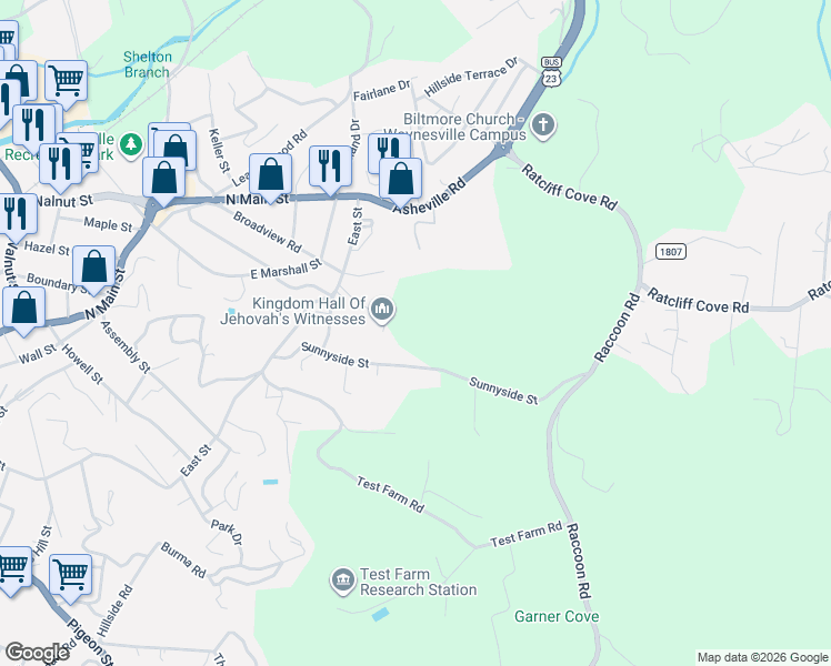 map of restaurants, bars, coffee shops, grocery stores, and more near 251 Sunnyside Street in Waynesville