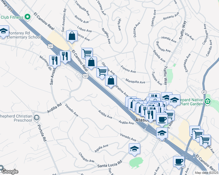 map of restaurants, bars, coffee shops, grocery stores, and more near 5227 El Camino Real in Atascadero