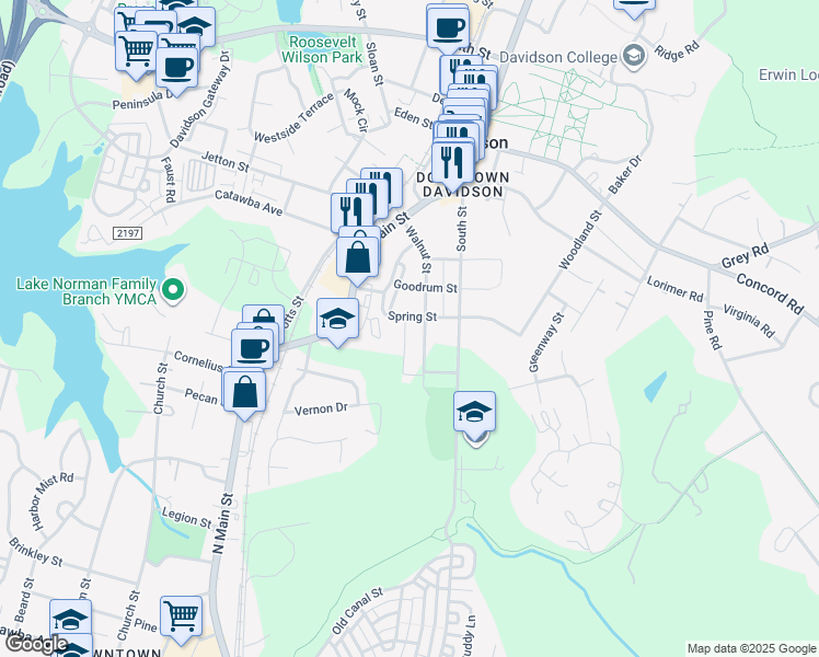 map of restaurants, bars, coffee shops, grocery stores, and more near 625 James Alexander Way in Davidson