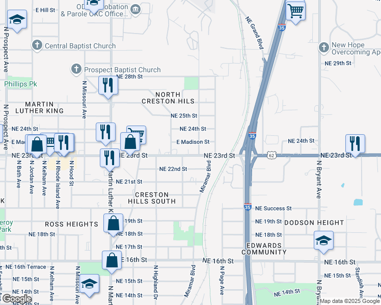 map of restaurants, bars, coffee shops, grocery stores, and more near 2313 Northeast 23rd Street in Oklahoma City