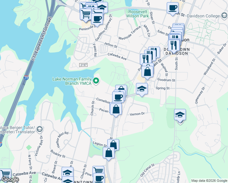 map of restaurants, bars, coffee shops, grocery stores, and more near in Cornelius