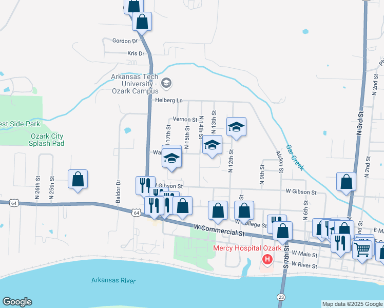 map of restaurants, bars, coffee shops, grocery stores, and more near 1301 Walden Drive in Ozark