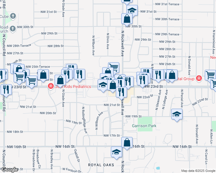 map of restaurants, bars, coffee shops, grocery stores, and more near 7205 Northwest 23rd Street in Bethany