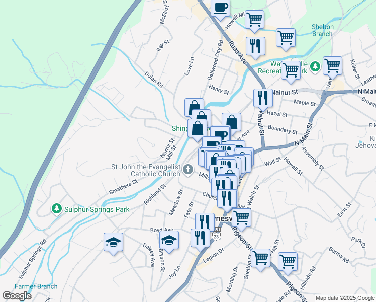 map of restaurants, bars, coffee shops, grocery stores, and more near 80 Commerce Street in Waynesville