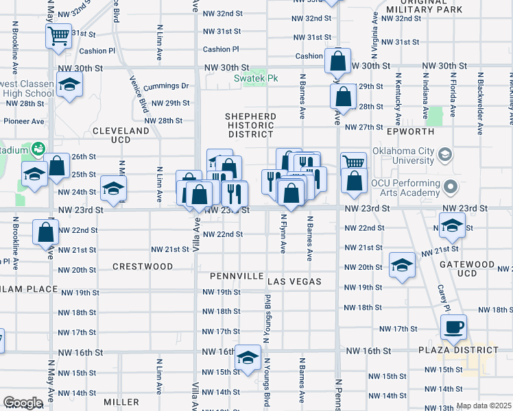 map of restaurants, bars, coffee shops, grocery stores, and more near 2401 Northwest 23rd Street in Oklahoma City