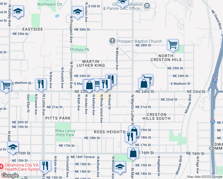 map of restaurants, bars, coffee shops, grocery stores, and more near 1829 Northeast 23rd Street in Oklahoma City