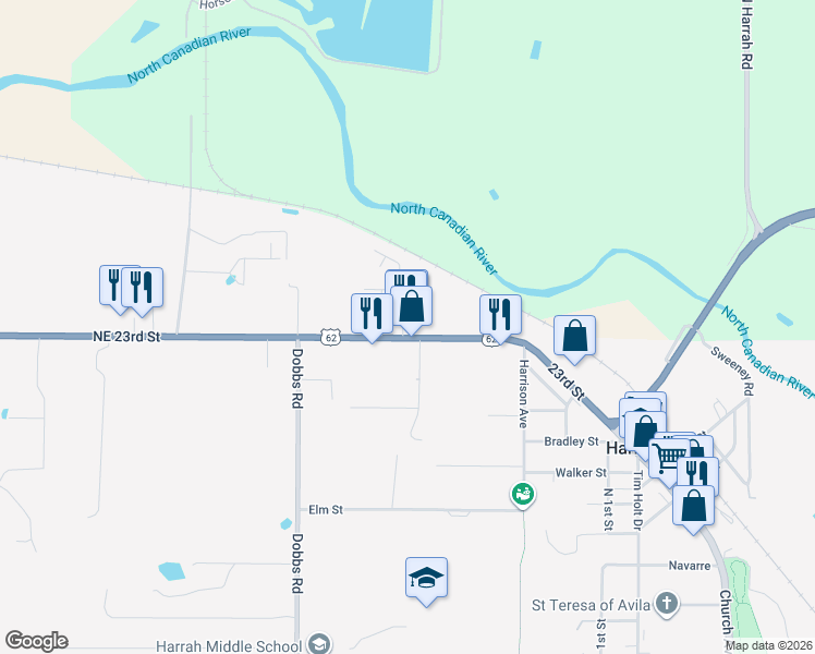 map of restaurants, bars, coffee shops, grocery stores, and more near 20213 Northeast 23rd Street in Harrah