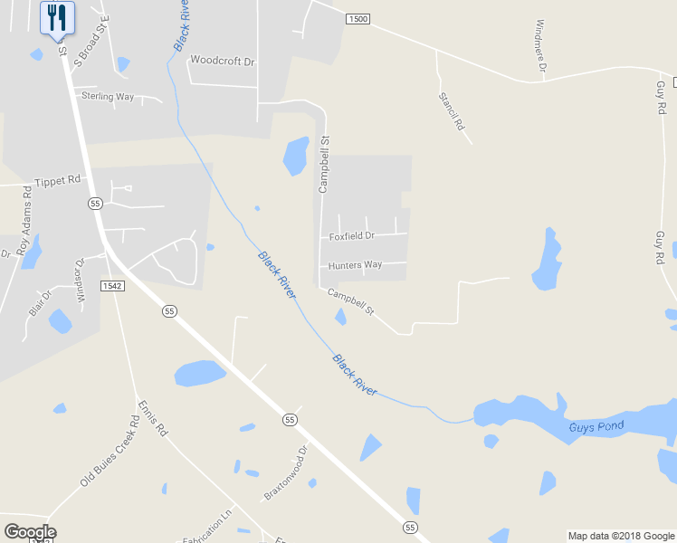 map of restaurants, bars, coffee shops, grocery stores, and more near 48 Hunters Way in Angier