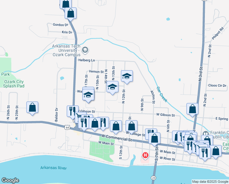 map of restaurants, bars, coffee shops, grocery stores, and more near 1301 Walden Drive in Ozark