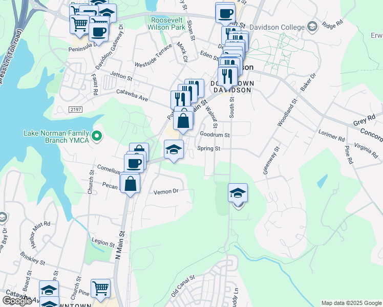map of restaurants, bars, coffee shops, grocery stores, and more near 625 Village Main Circle in Davidson