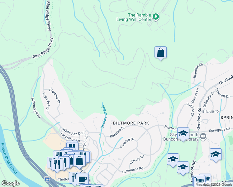 map of restaurants, bars, coffee shops, grocery stores, and more near 1814 Ellicott Lane in Asheville
