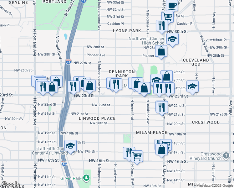 map of restaurants, bars, coffee shops, grocery stores, and more near 3134 Northwest 23rd Street in Oklahoma City