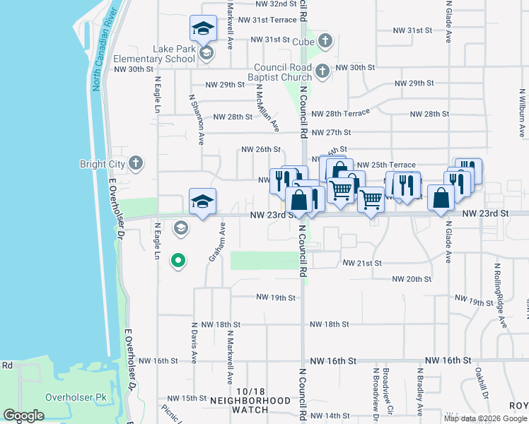 map of restaurants, bars, coffee shops, grocery stores, and more near 8115 Northwest 23rd Street in Oklahoma City