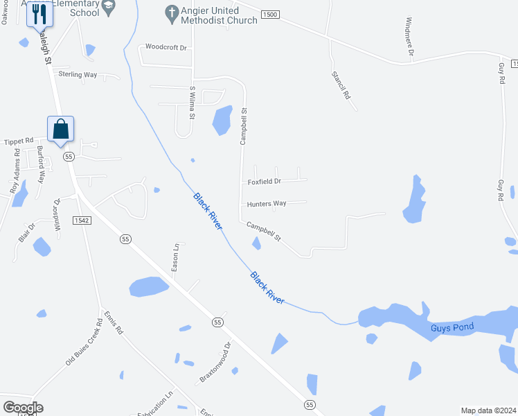 map of restaurants, bars, coffee shops, grocery stores, and more near 48 Hunters Way in Angier