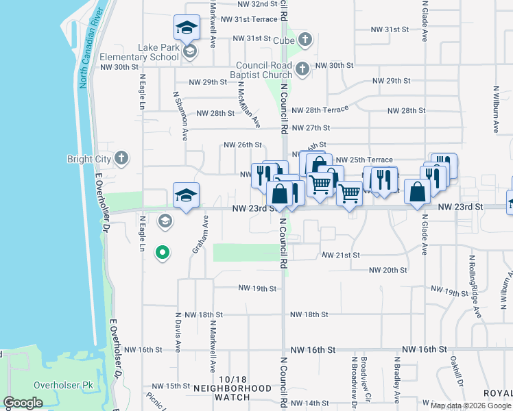 map of restaurants, bars, coffee shops, grocery stores, and more near 8085 Northwest 23rd Street in Oklahoma City