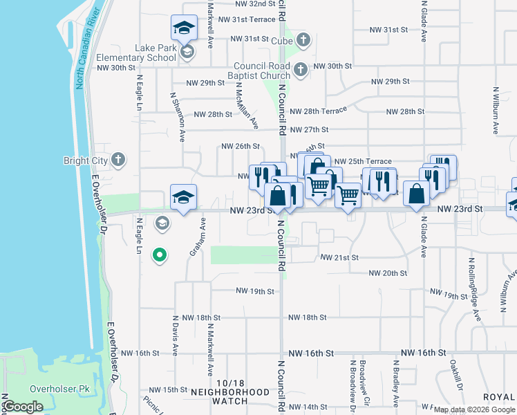 map of restaurants, bars, coffee shops, grocery stores, and more near 8085 Northwest 23rd Street in Oklahoma City