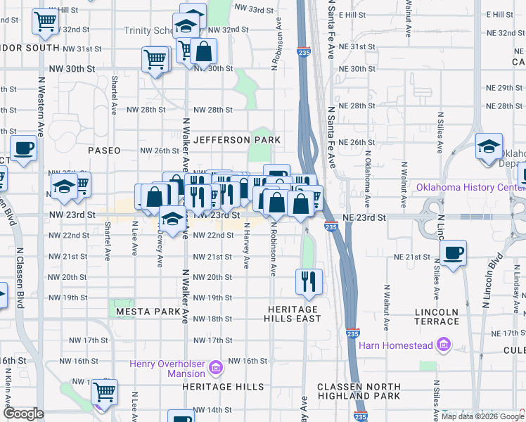 map of restaurants, bars, coffee shops, grocery stores, and more near in Oklahoma City