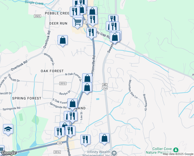 map of restaurants, bars, coffee shops, grocery stores, and more near 3109 Sweeten Creek Road in Asheville