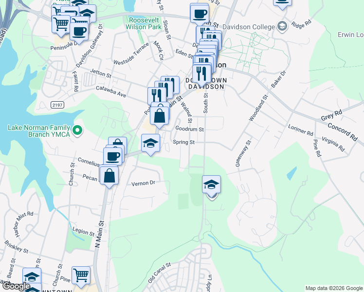 map of restaurants, bars, coffee shops, grocery stores, and more near 611 James Alexander Way in Davidson