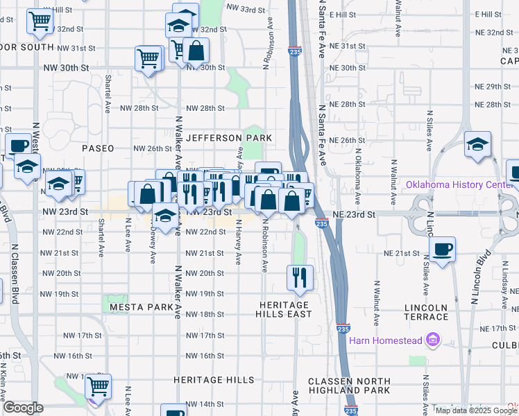 map of restaurants, bars, coffee shops, grocery stores, and more near 201 Northwest 23rd Street in Oklahoma City