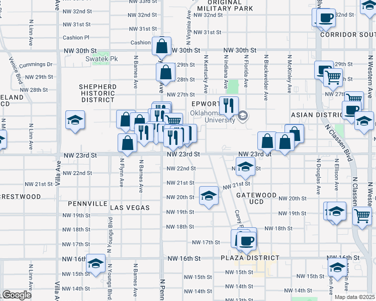 map of restaurants, bars, coffee shops, grocery stores, and more near 1928 Northwest 23rd Street in Oklahoma City