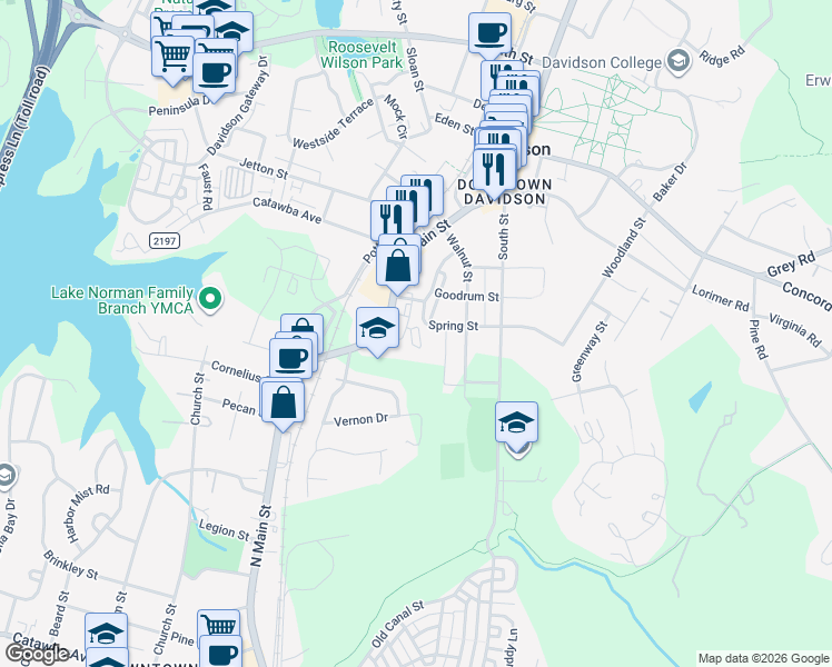map of restaurants, bars, coffee shops, grocery stores, and more near 617 Village Main Circle in Davidson