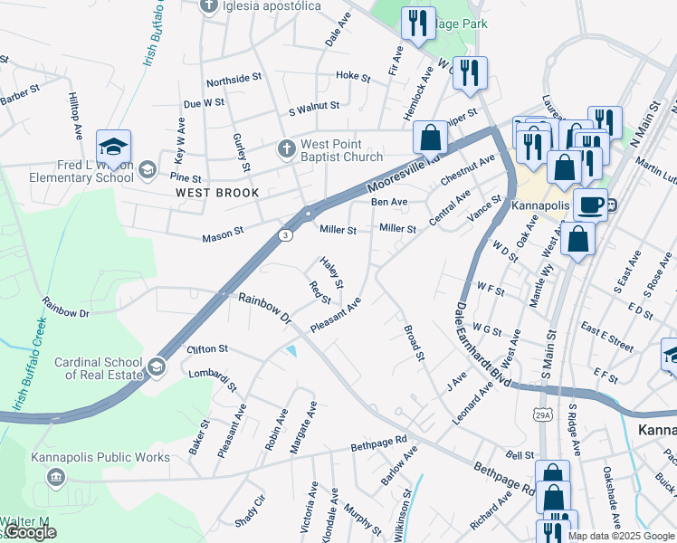 map of restaurants, bars, coffee shops, grocery stores, and more near 914 Haley Street in Kannapolis