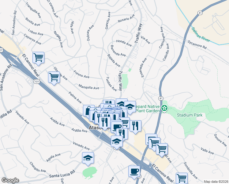 map of restaurants, bars, coffee shops, grocery stores, and more near 5805 Olmeda Avenue in Atascadero