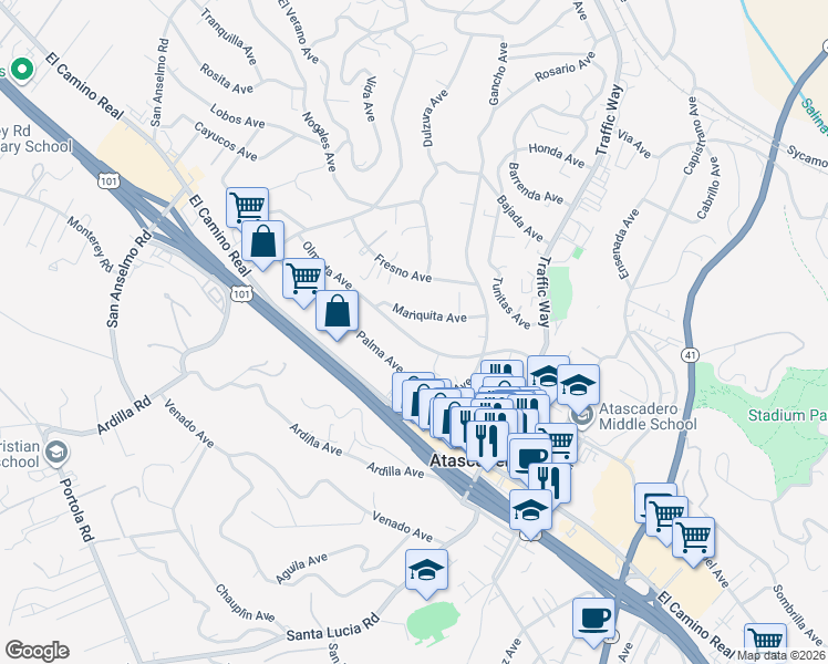 map of restaurants, bars, coffee shops, grocery stores, and more near 5372 Olmeda Avenue in Atascadero